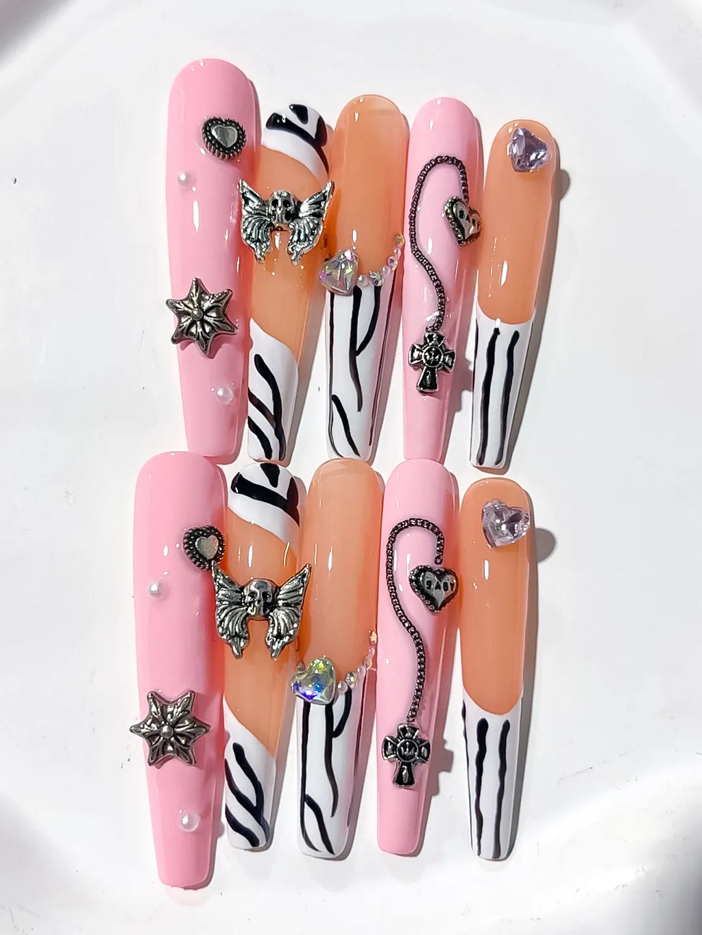 L081 - Long Pink Nude Coffin Abstract Star Bow