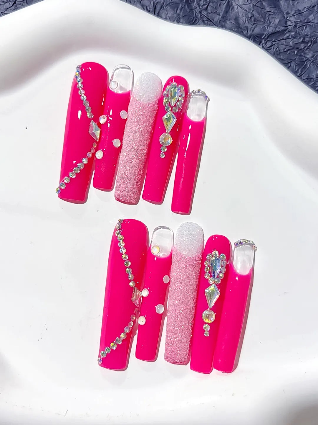 L082 - Long Pink White Square Solid color Glitter Rhinestone