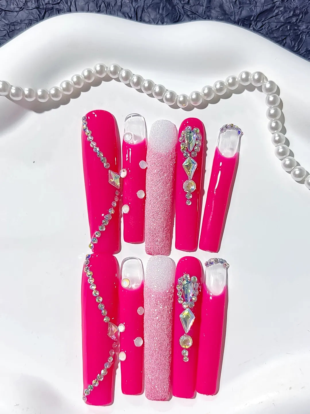 L082 - Long Pink White Square Solid color Glitter Rhinestone