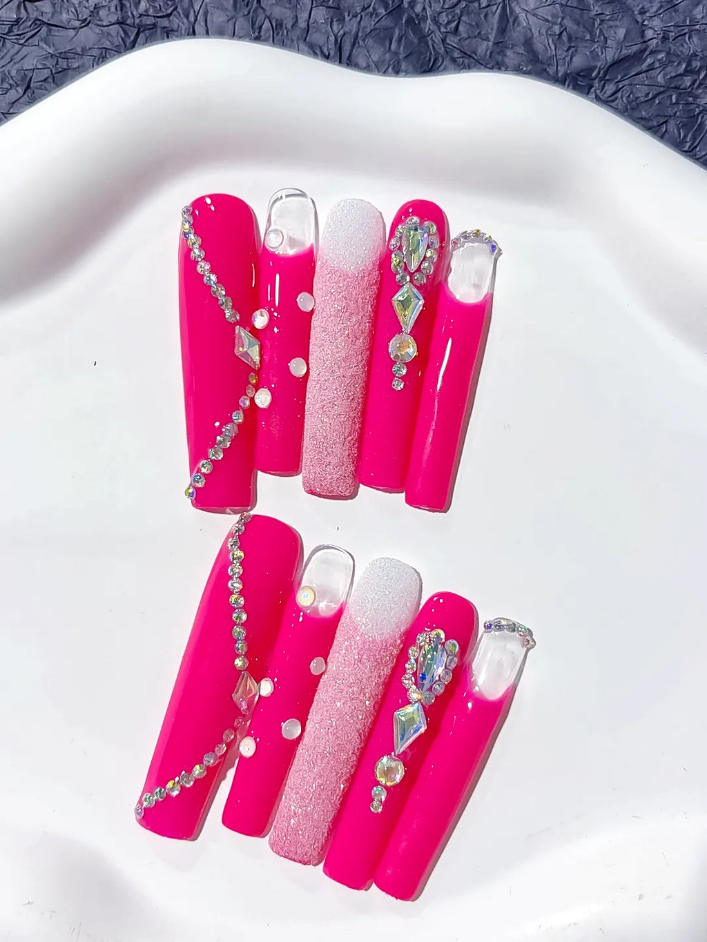 L082 - Long Pink White Square Solid color Glitter Rhinestone