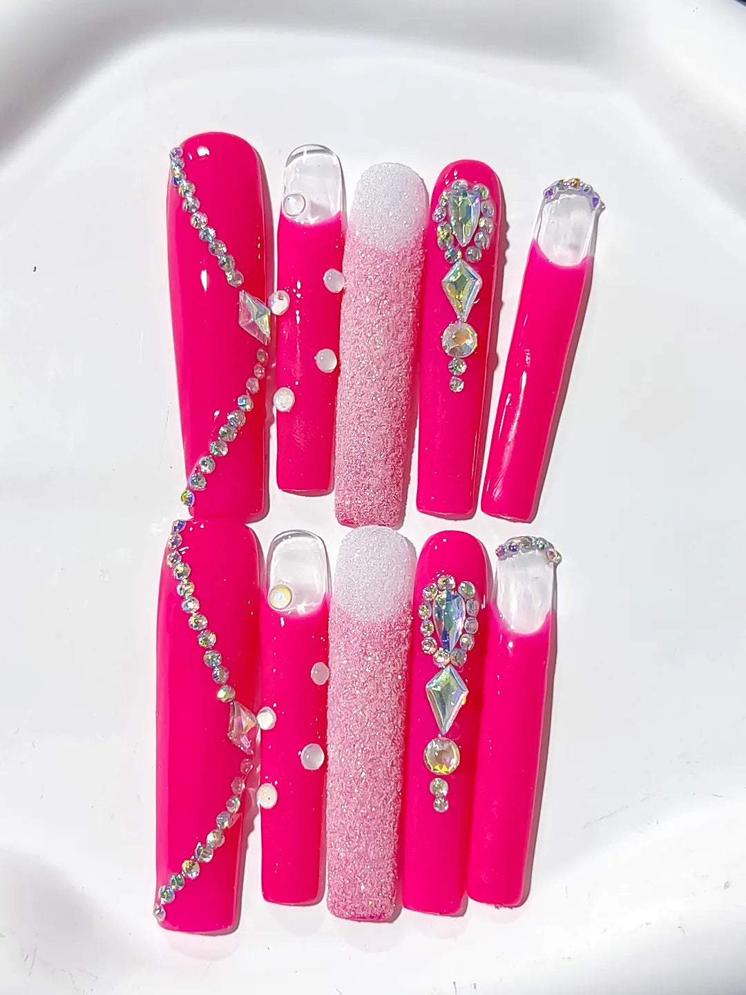 L082 - Long Pink White Square Solid color Glitter Rhinestone