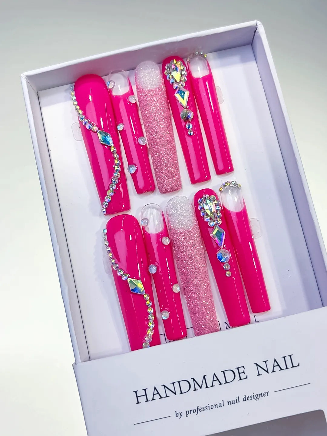 L082 - Long Pink White Square Solid color Glitter Rhinestone
