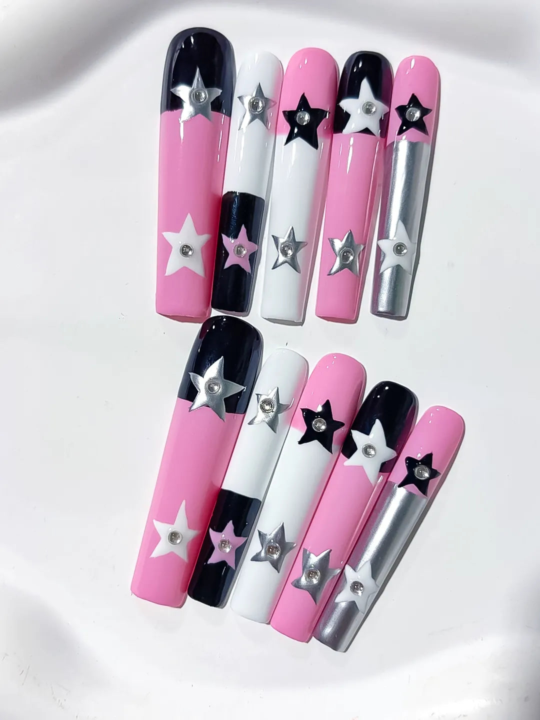 L084 - Long Pink White Square Solid color Star 3D