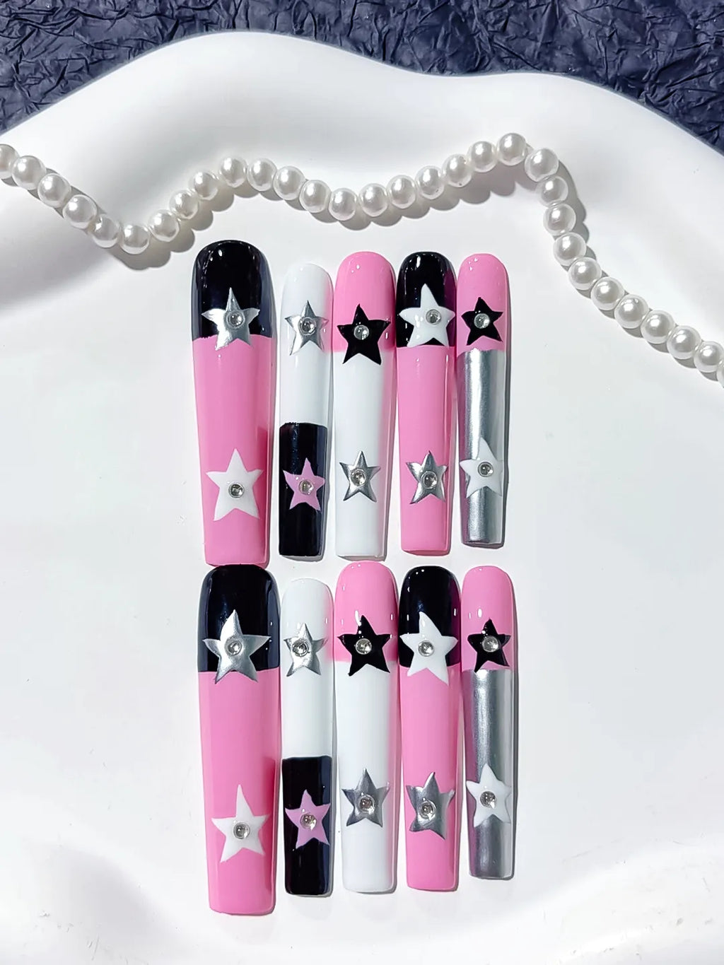L084 - Long Pink White Square Solid color Star 3D