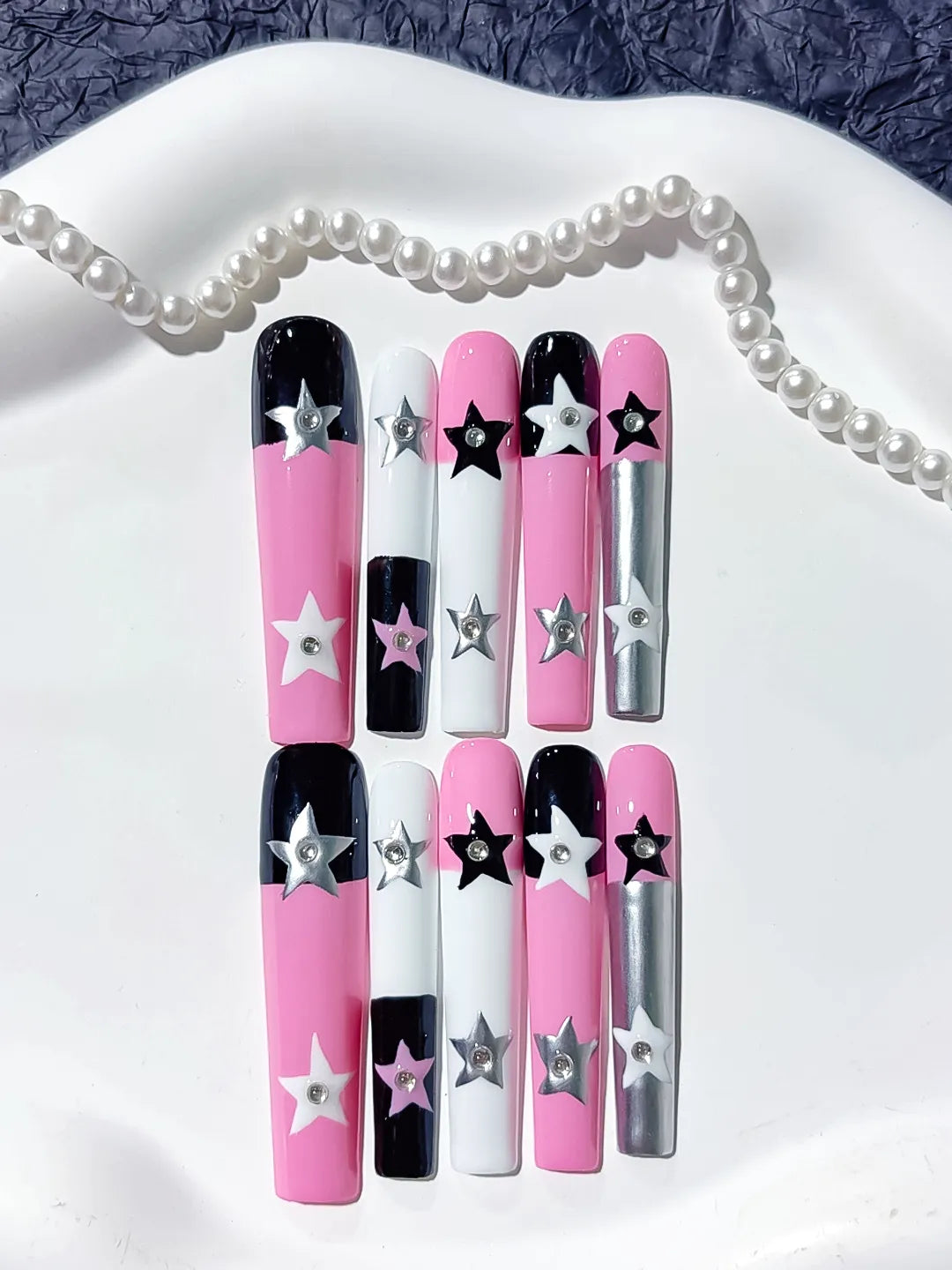 L084 - Long Pink White Square Solid color Star 3D