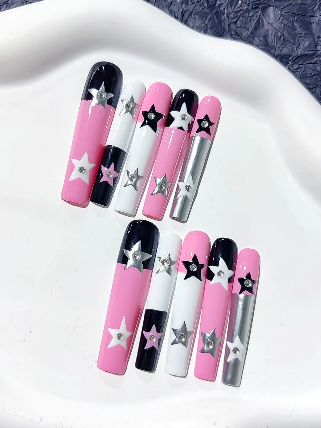 L084 - Long Pink White Square Solid color Star 3D
