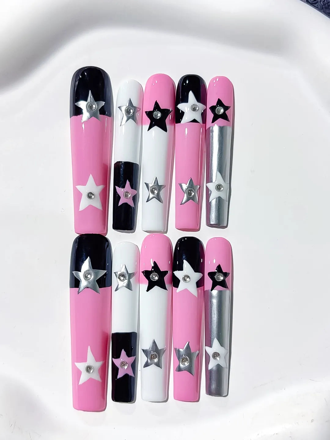 L084 - Long Pink White Square Solid color Star 3D