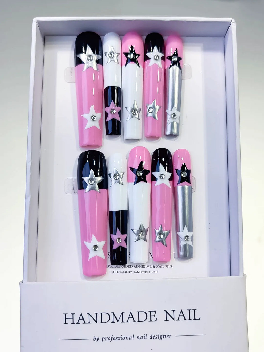 L084 - Long Pink White Square Solid color Star 3D