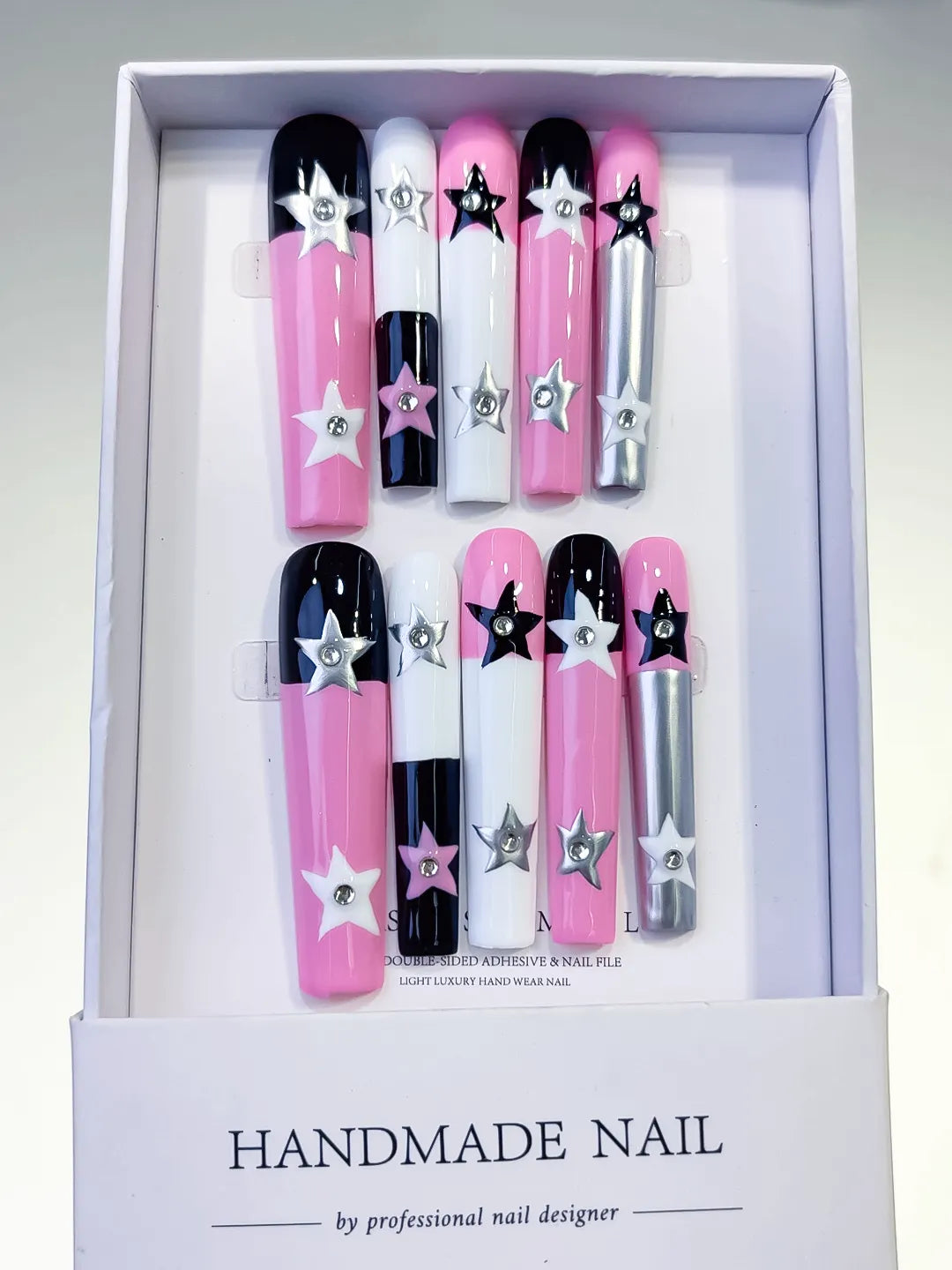 L084 - Long Pink White Square Solid color Star 3D