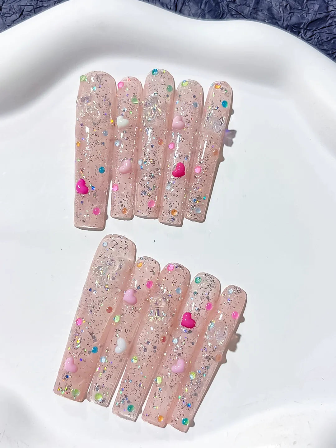 L087 - Long Nude Pink Square Glitter Heart Pearl