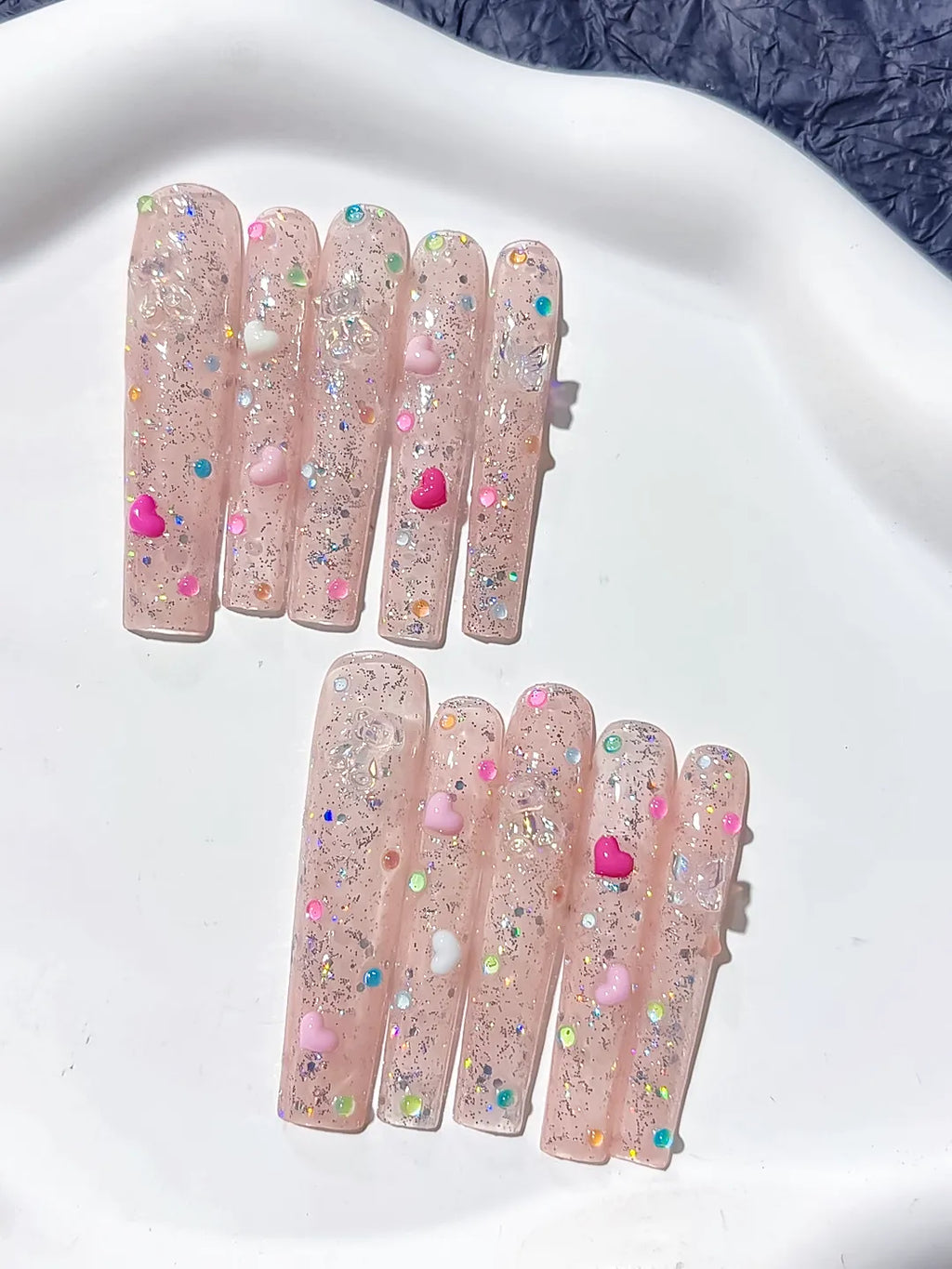 L087 - Long Nude Pink Square Glitter Heart Pearl
