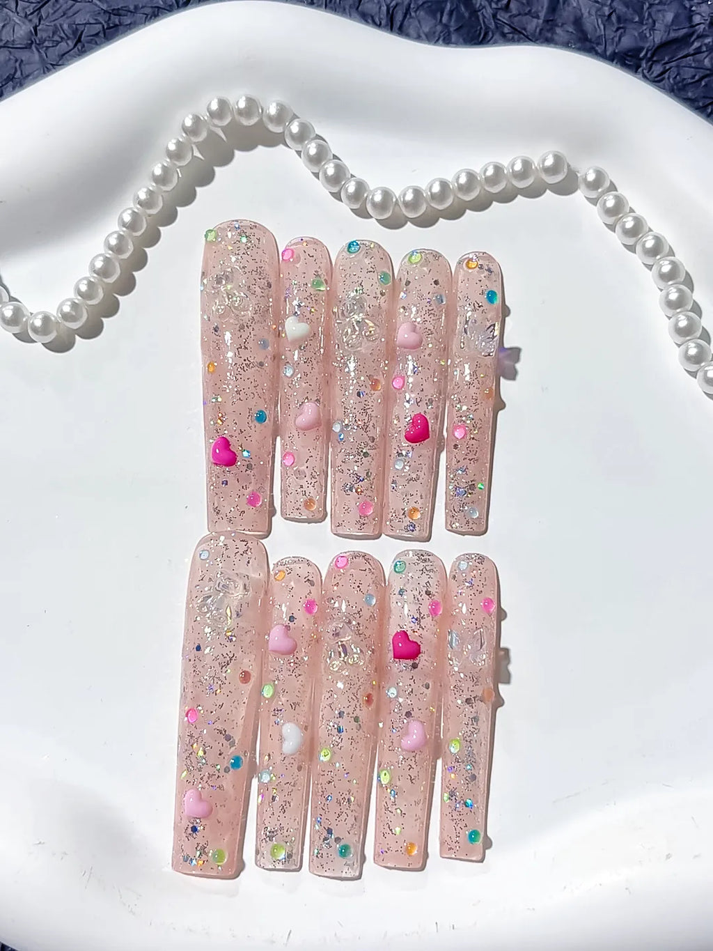 L087 - Long Nude Pink Square Glitter Heart Pearl