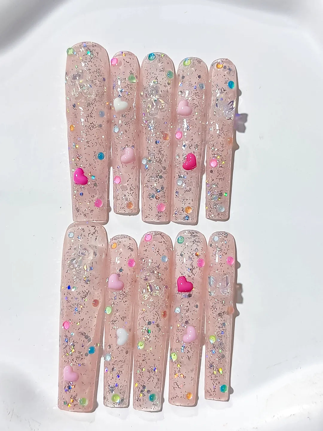 L087 - Long Nude Pink Square Glitter Heart Pearl
