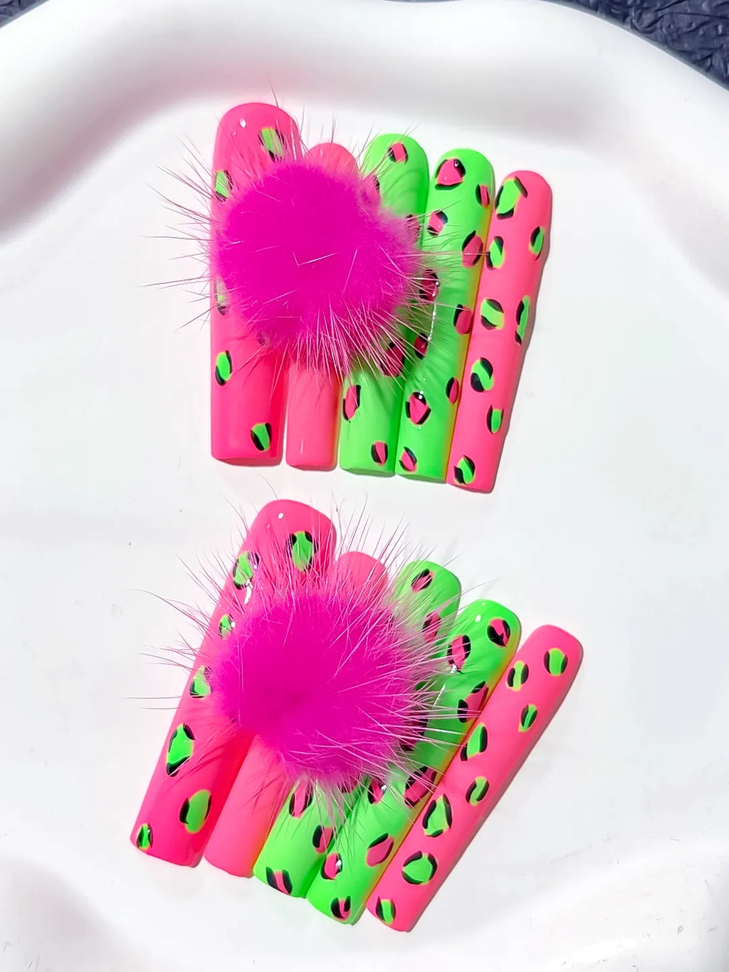 L088 - Long Pink Green Square Abstract Animal Print Pom Pom