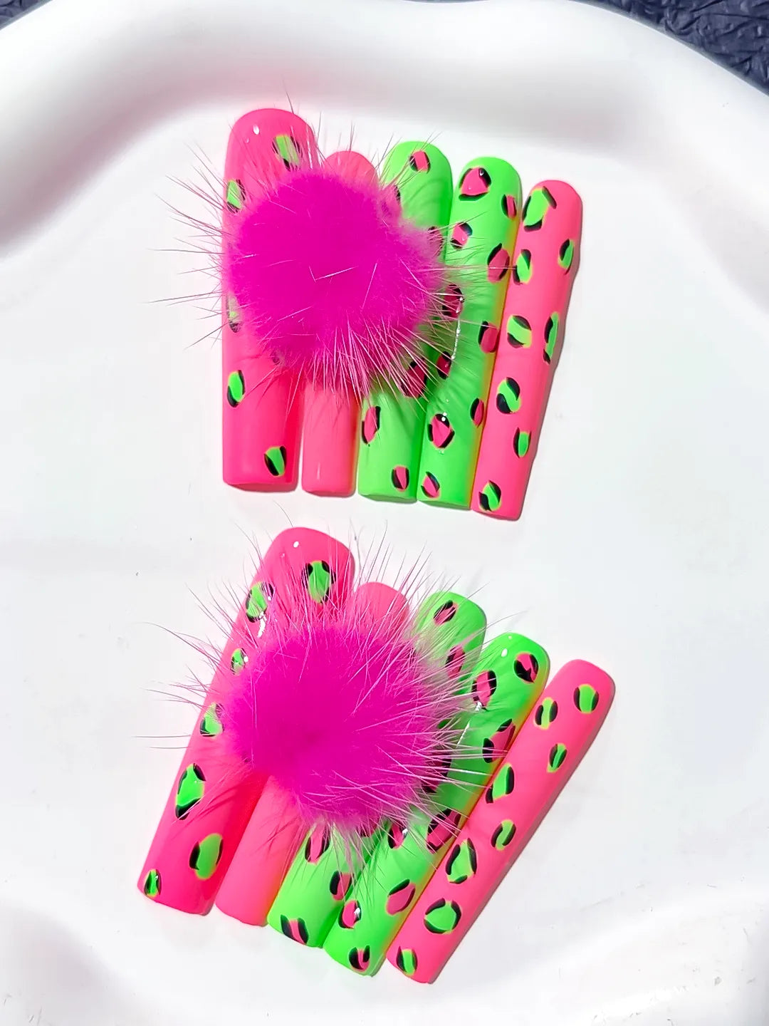 L088 - Long Pink Green Square Abstract Animal Print Pom Pom