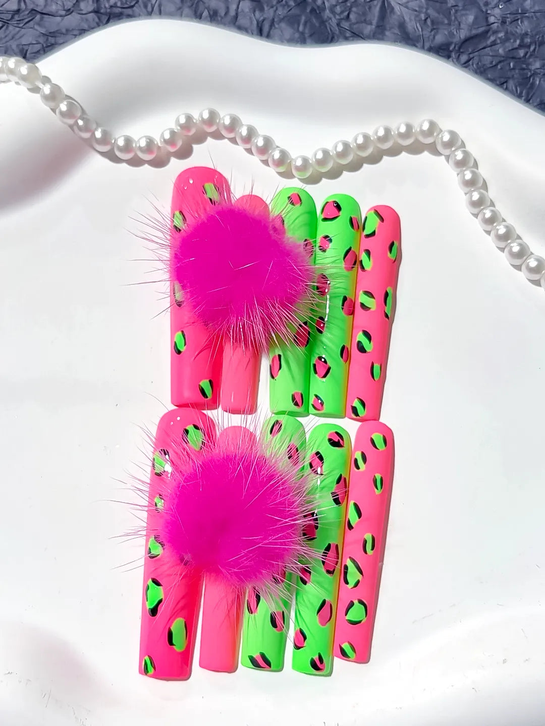 L088 - Long Pink Green Square Abstract Animal Print Pom Pom