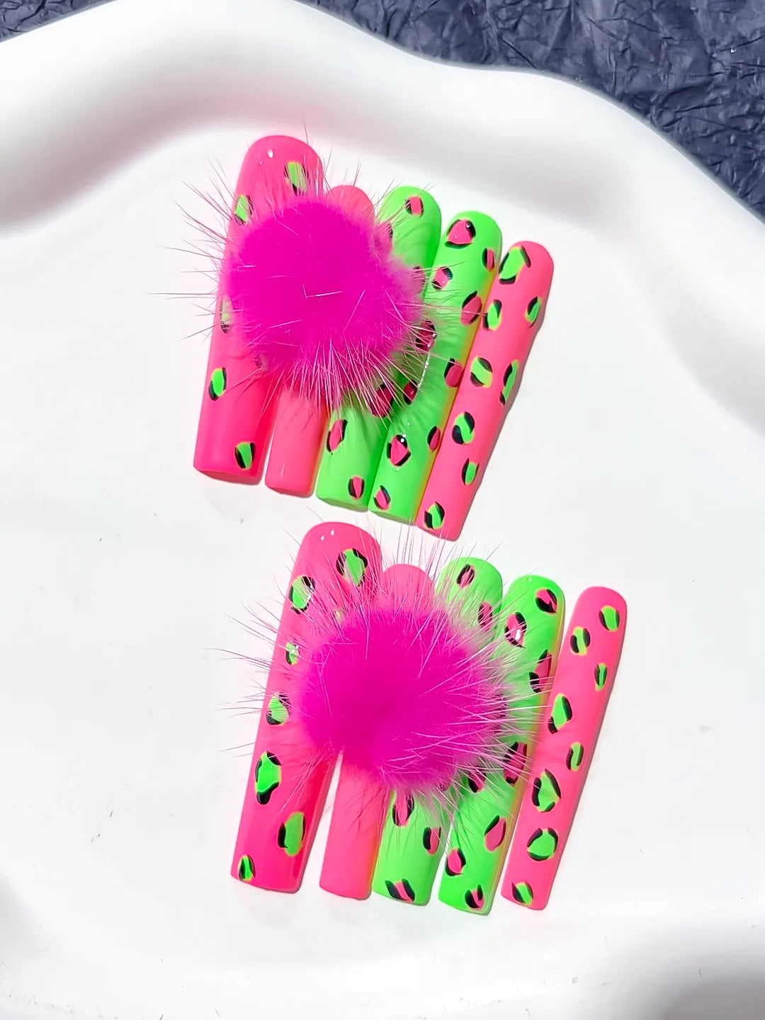 L088 - Long Pink Green Square Abstract Animal Print Pom Pom