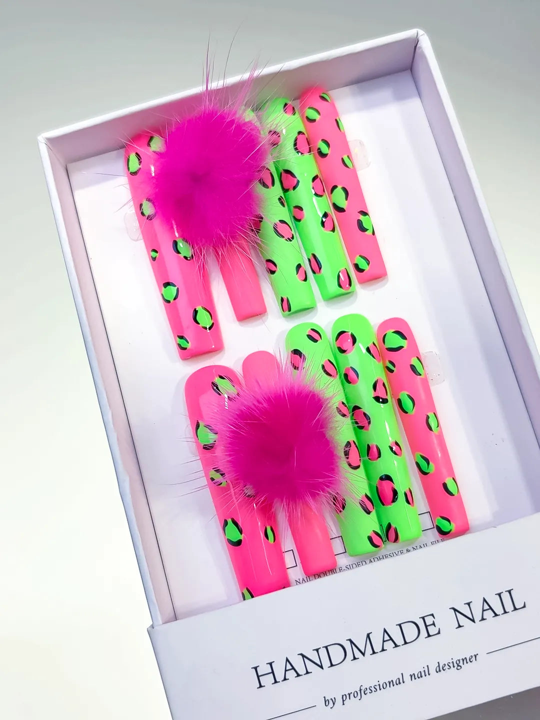 L088 - Long Pink Green Square Abstract Animal Print Pom Pom