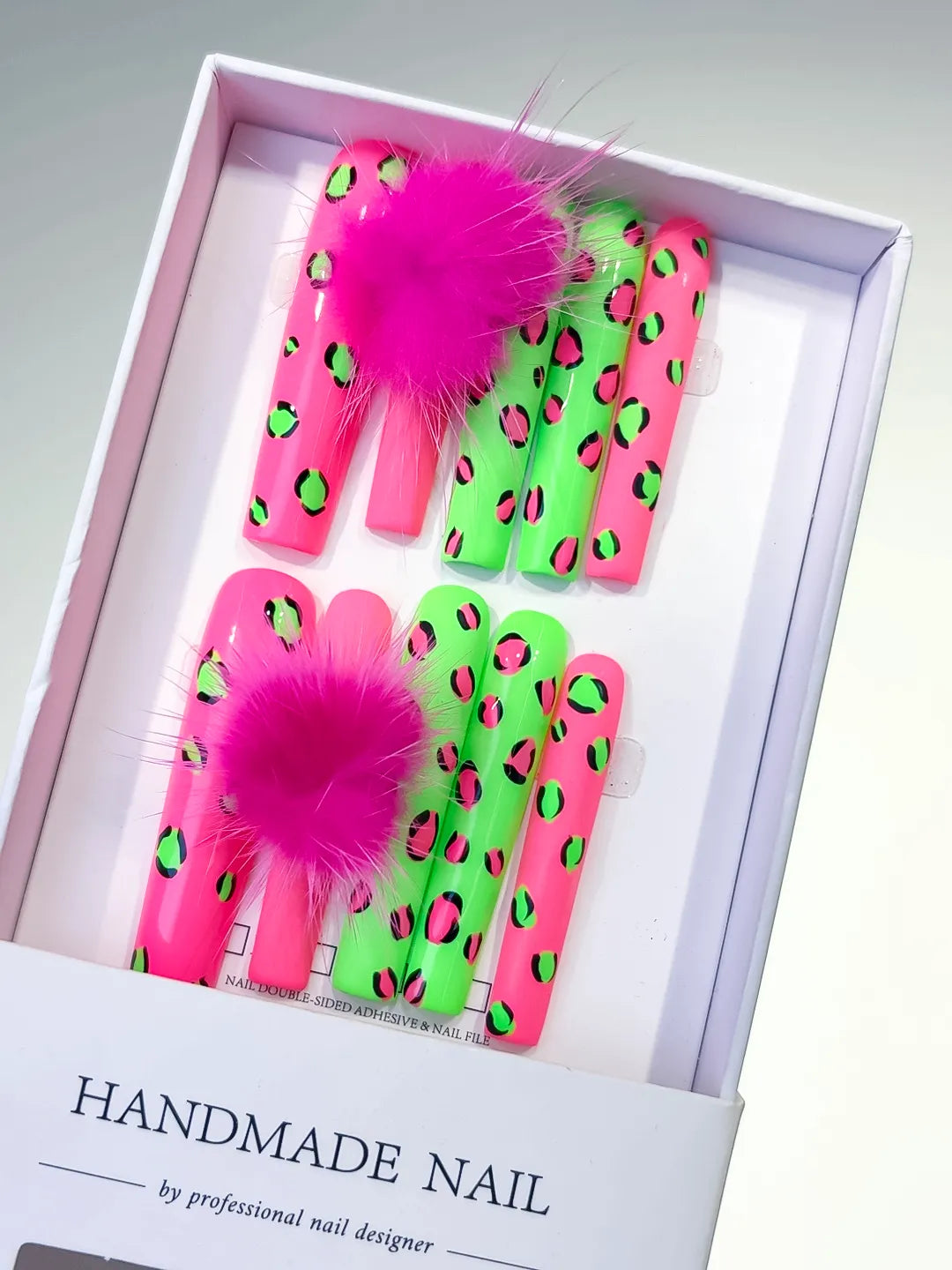 L088 - Long Pink Green Square Abstract Animal Print Pom Pom