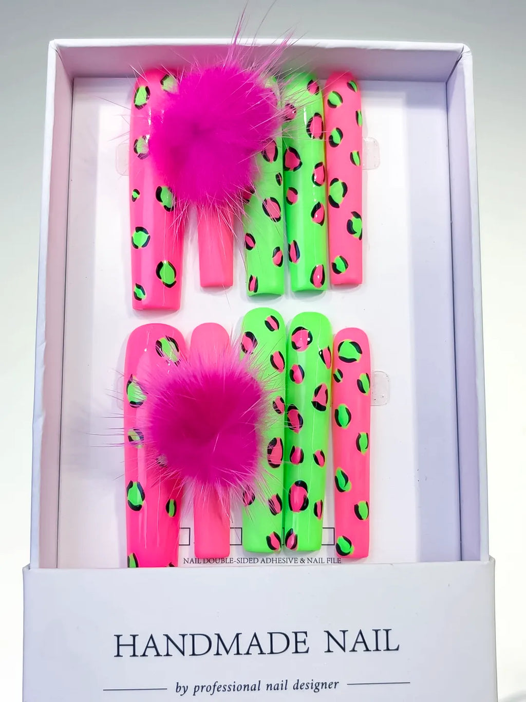 L088 - Long Pink Green Square Abstract Animal Print Pom Pom