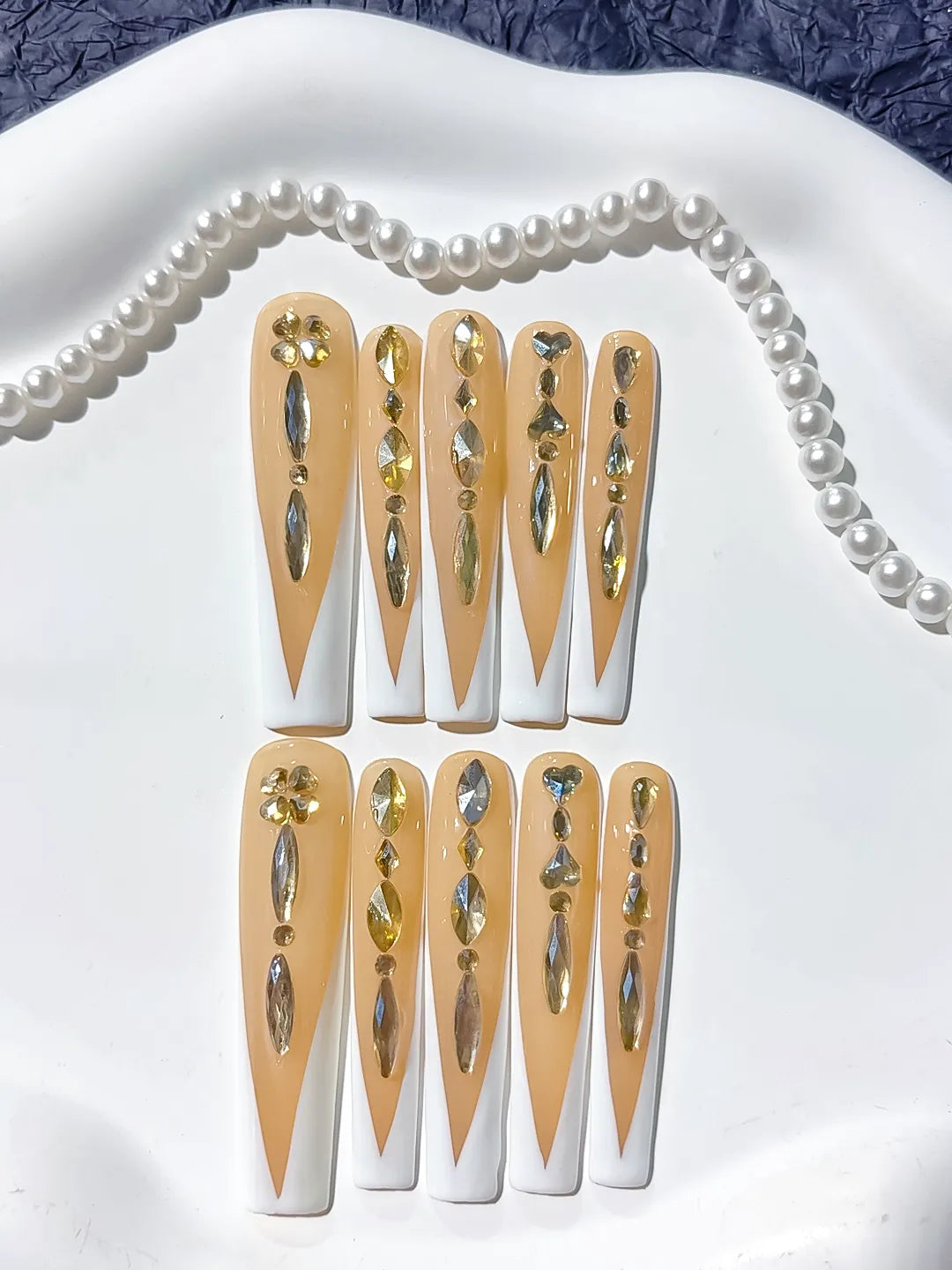 L090 - Long Nude White Square French tip Rhinestone