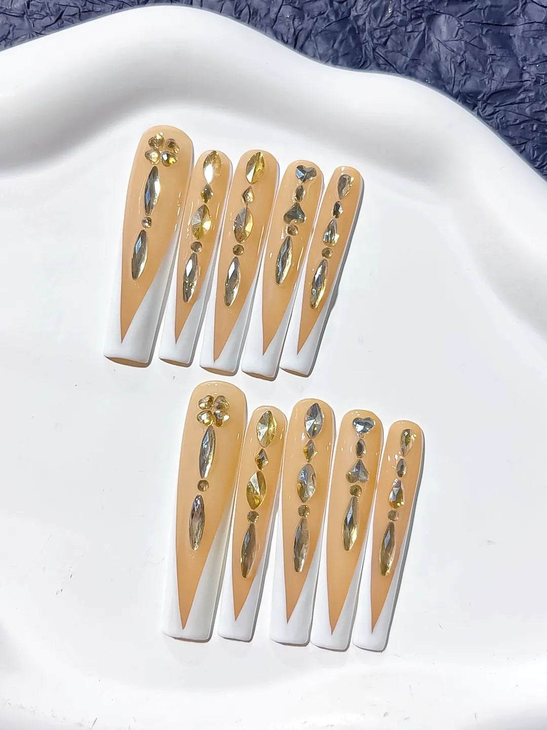 L090 - Long Nude White Square French tip Rhinestone