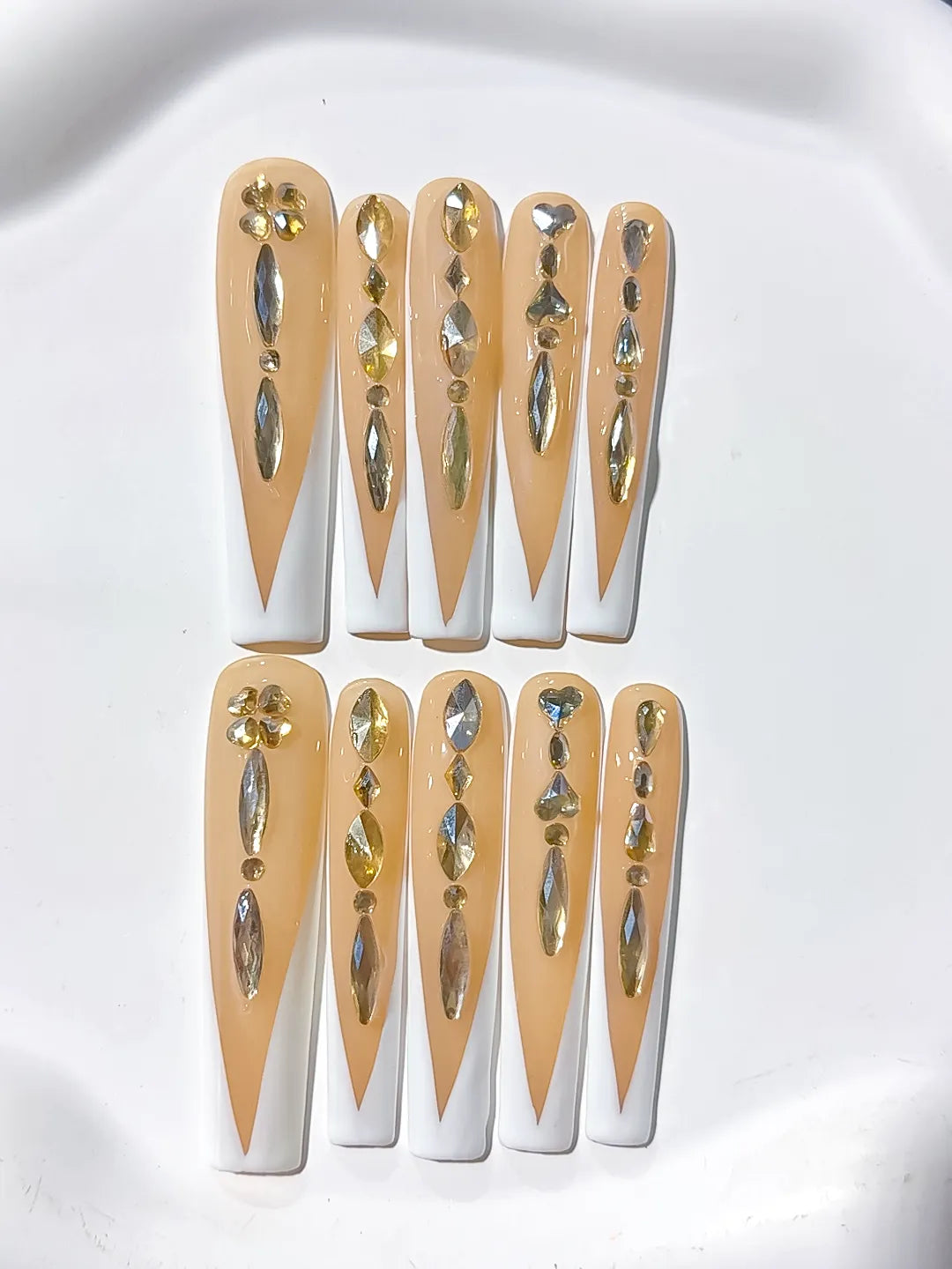L090 - Long Nude White Square French tip Rhinestone