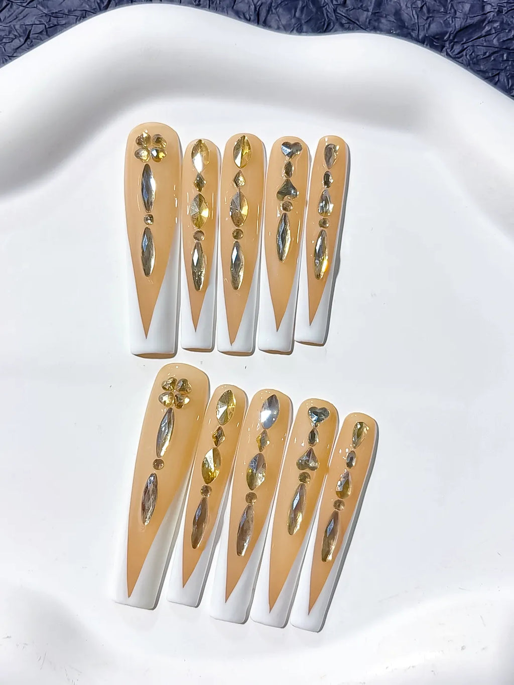 L090 - Long Nude White Square French tip Rhinestone