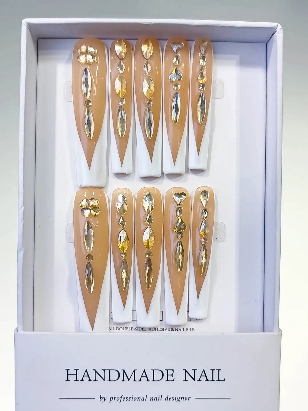 L090 - Long Nude White Square French tip Rhinestone