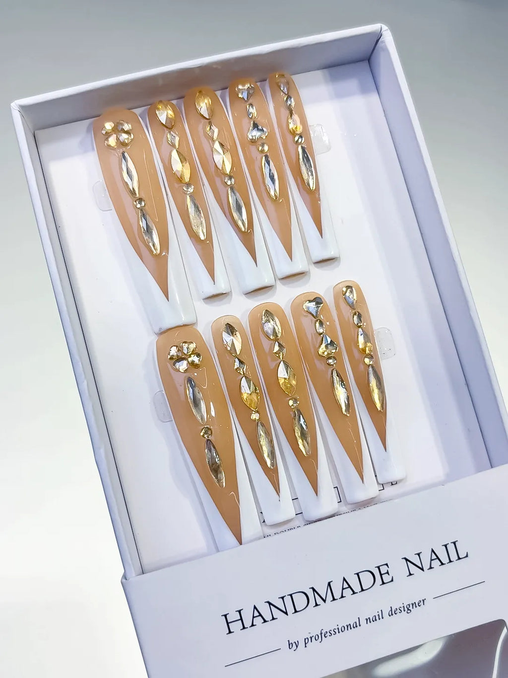 L090 - Long Nude White Square French tip Rhinestone