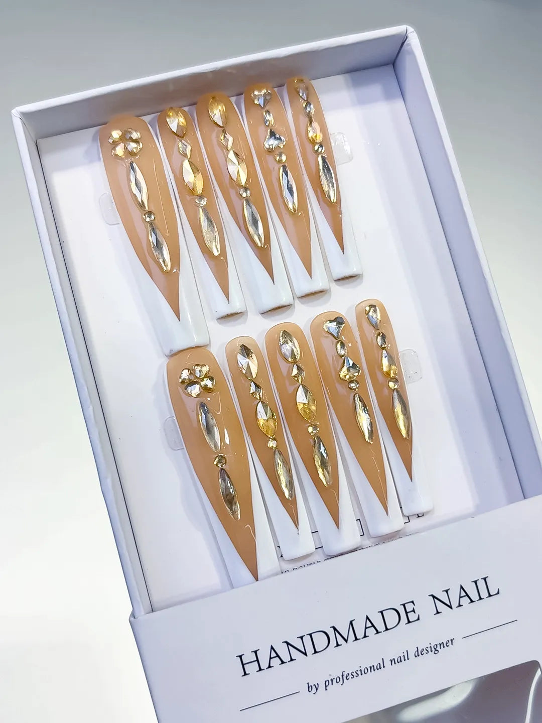 L090 - Long Nude White Square French tip Rhinestone