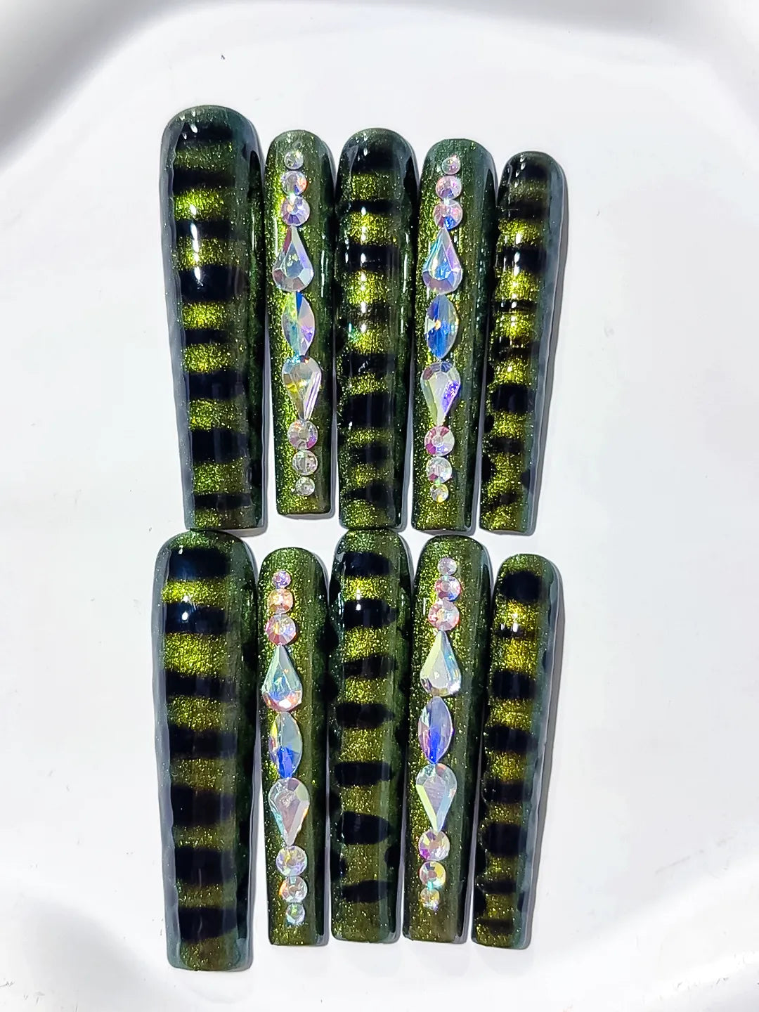 L091 - Long Black Green Square Metallic Rhinestone