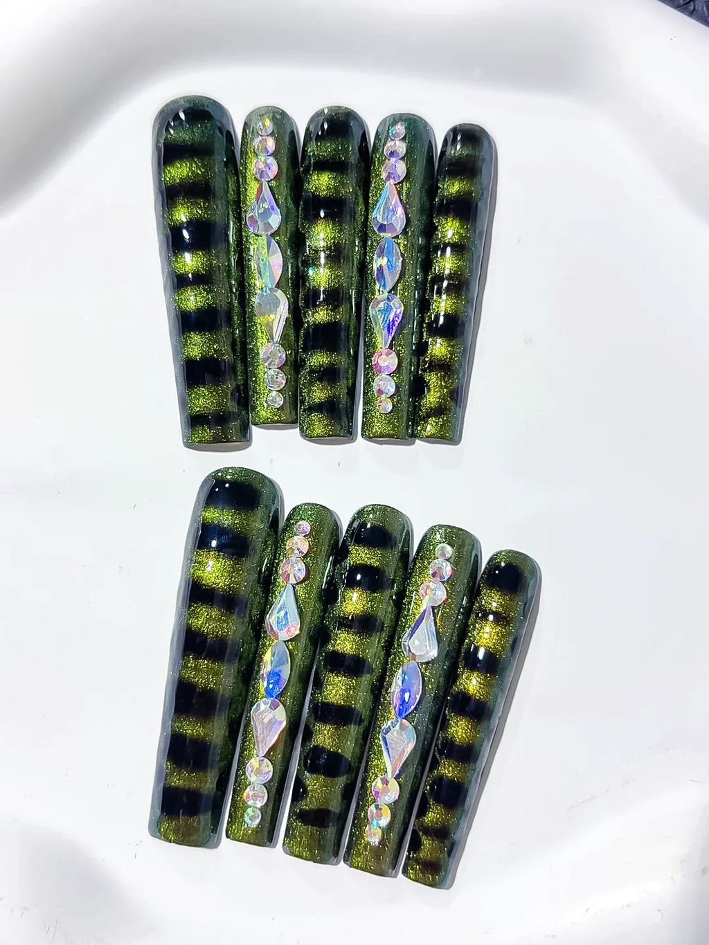 L091 - Long Black Green Square Metallic Rhinestone
