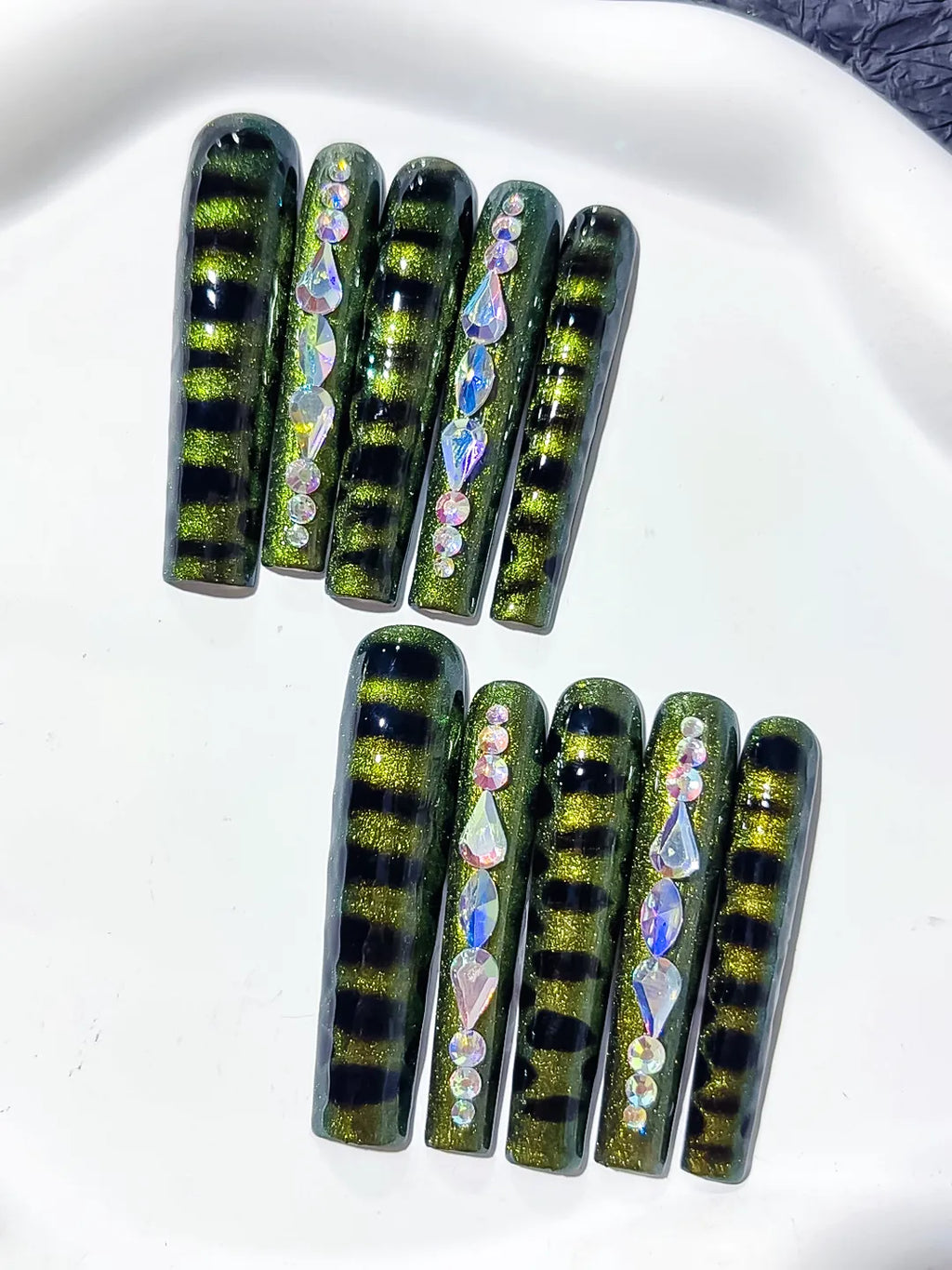L091 - Long Black Green Square Metallic Rhinestone