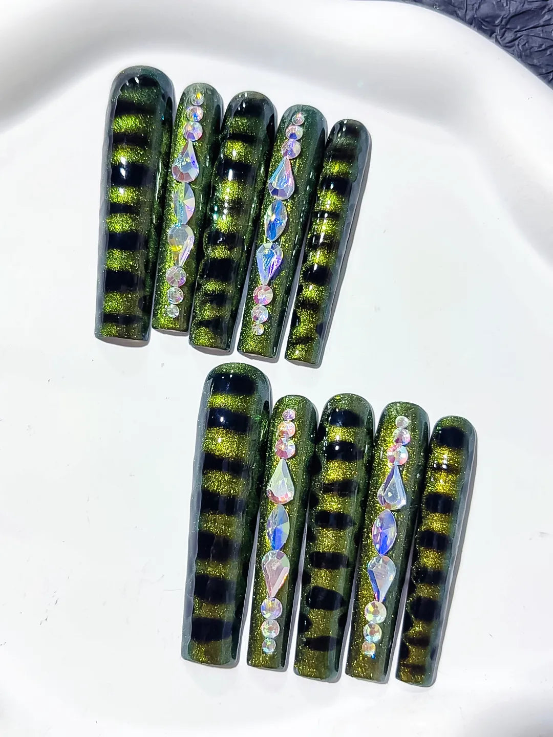 L091 - Long Black Green Square Metallic Rhinestone