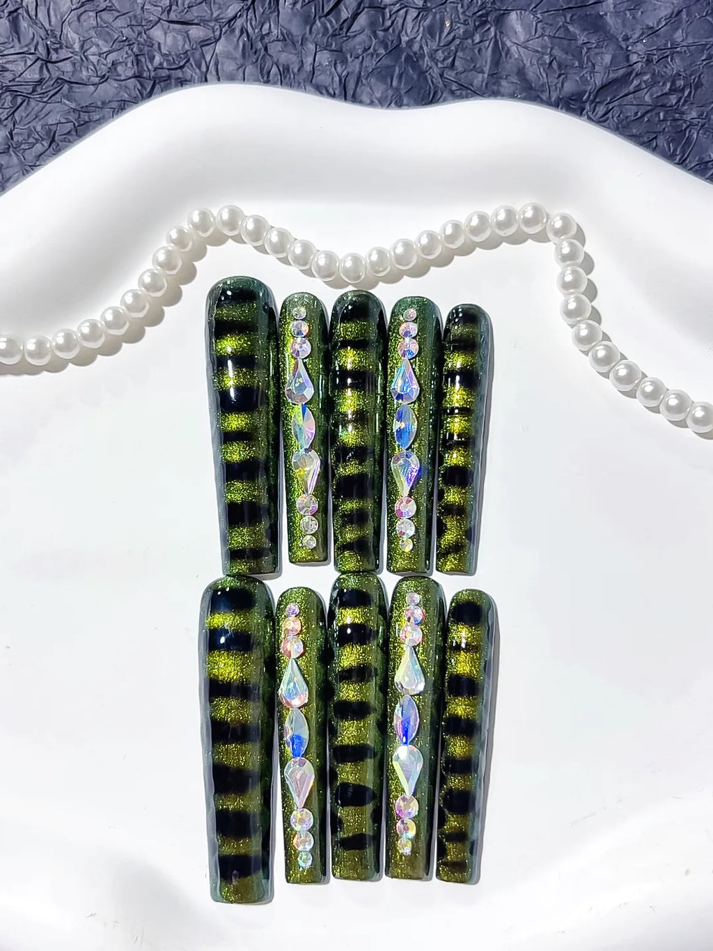 L091 - Long Black Green Square Metallic Rhinestone