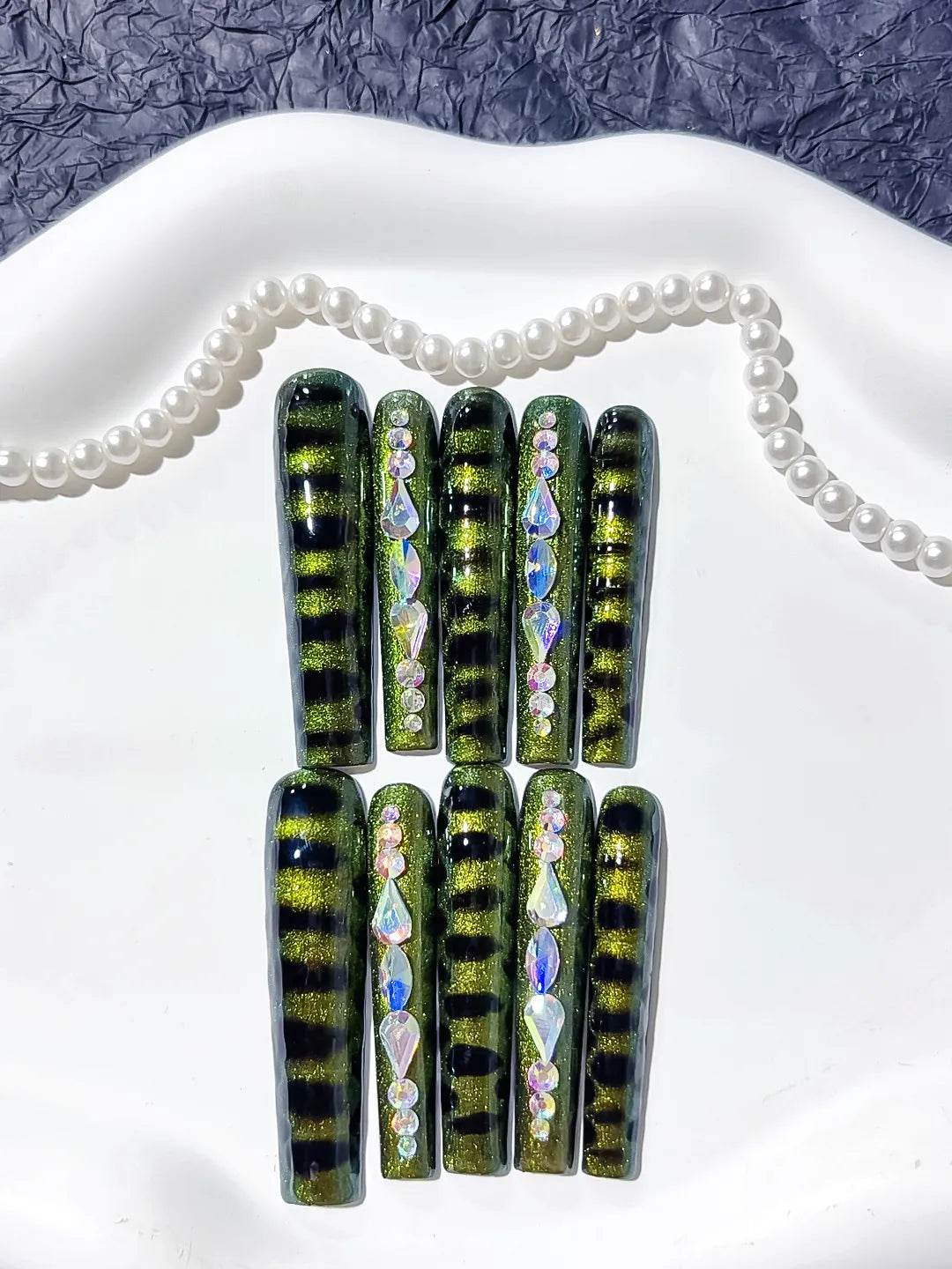 L091 - Long Black Green Square Metallic Rhinestone