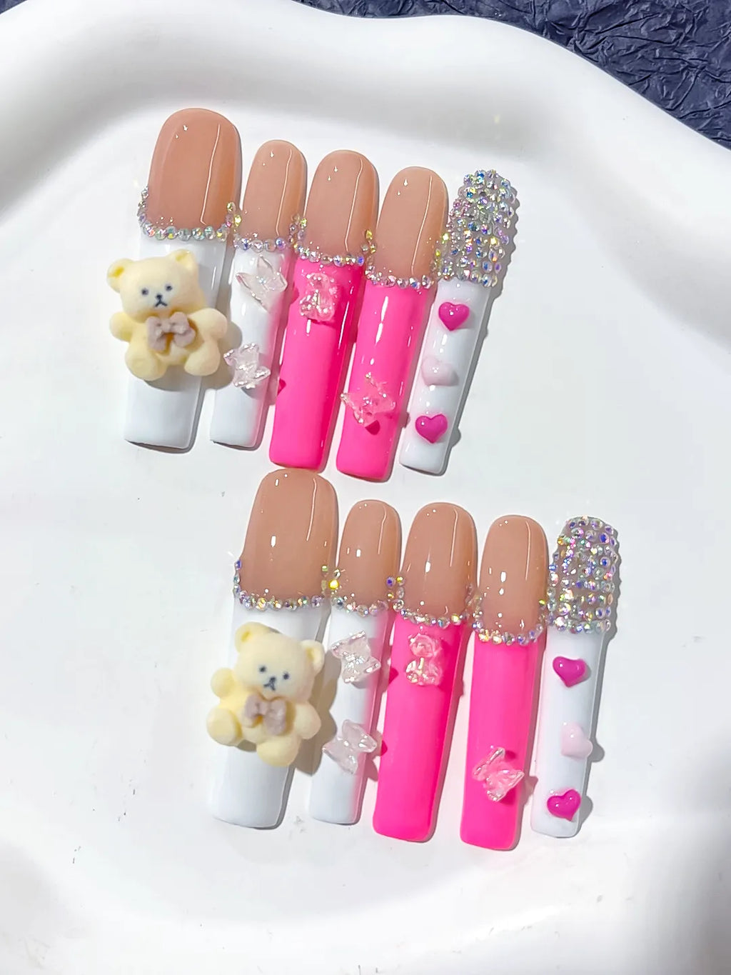 L096 - Long Nude White Square Solid color Bear Butterfly