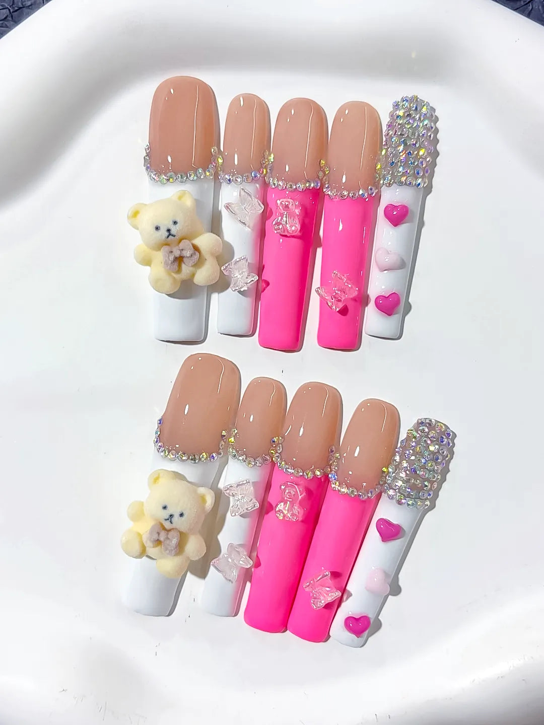 L096 - Long Nude White Square Solid color Bear Butterfly