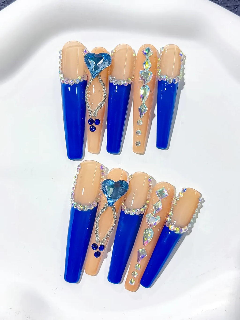 L099 - Long Blue Coffin French tip Rhinestone Heart