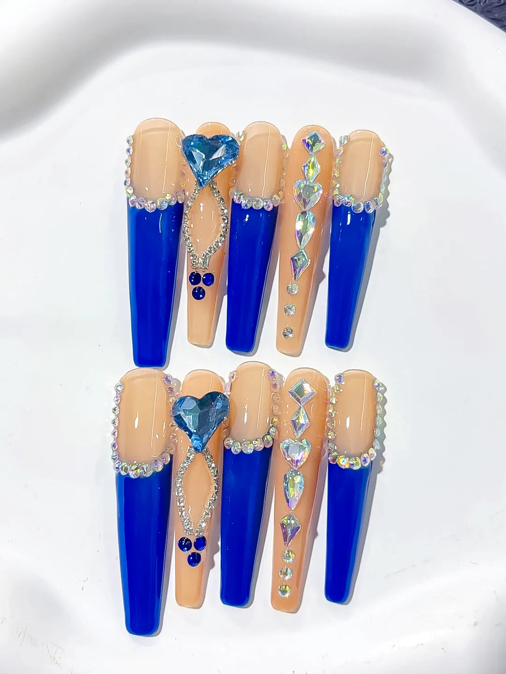 L099 - Long Blue Coffin French tip Rhinestone Heart