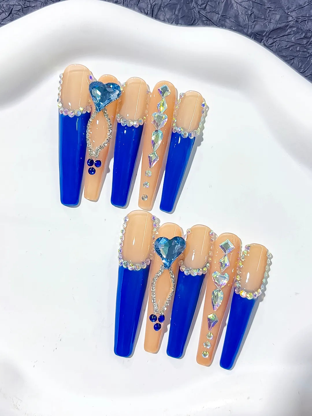 L099 - Long Blue Coffin French tip Rhinestone Heart