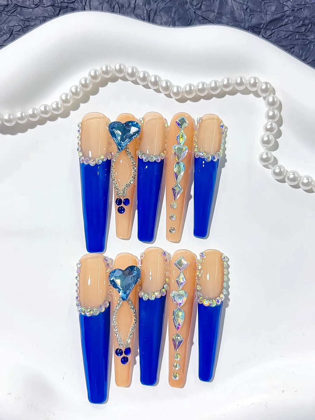 L099 - Long Blue Coffin French tip Rhinestone Heart