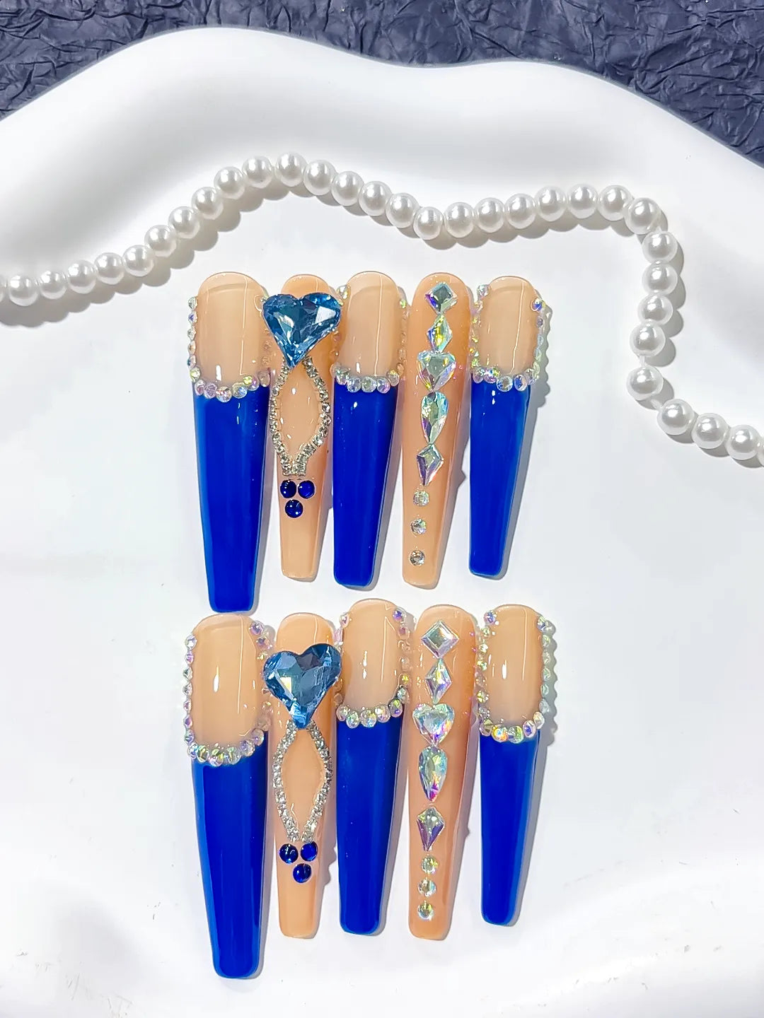 L099 - Long Blue Coffin French tip Rhinestone Heart