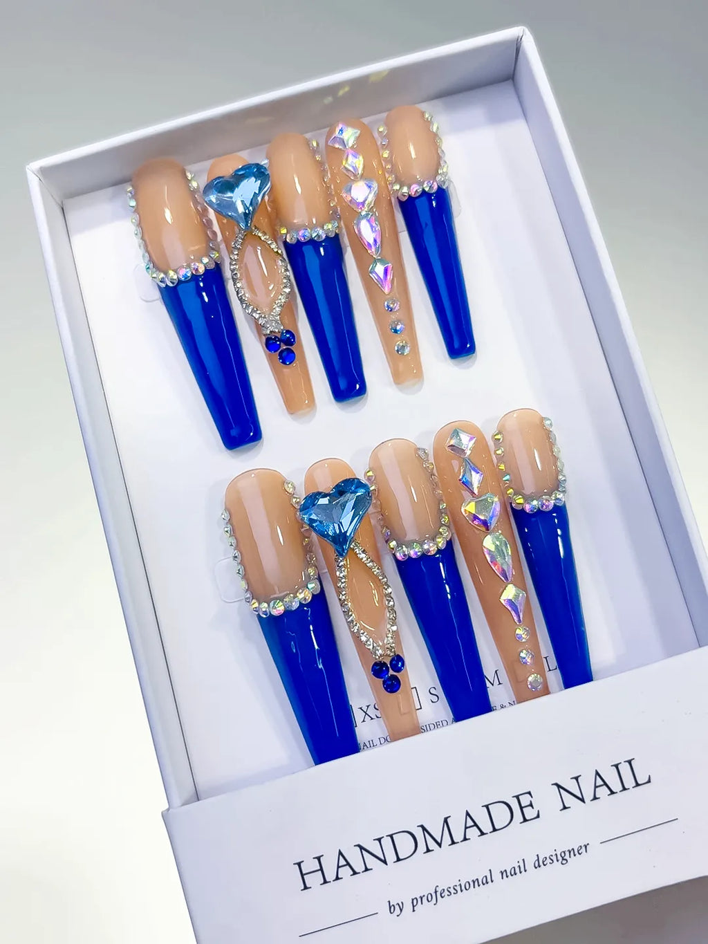 L099 - Long Blue Coffin French tip Rhinestone Heart