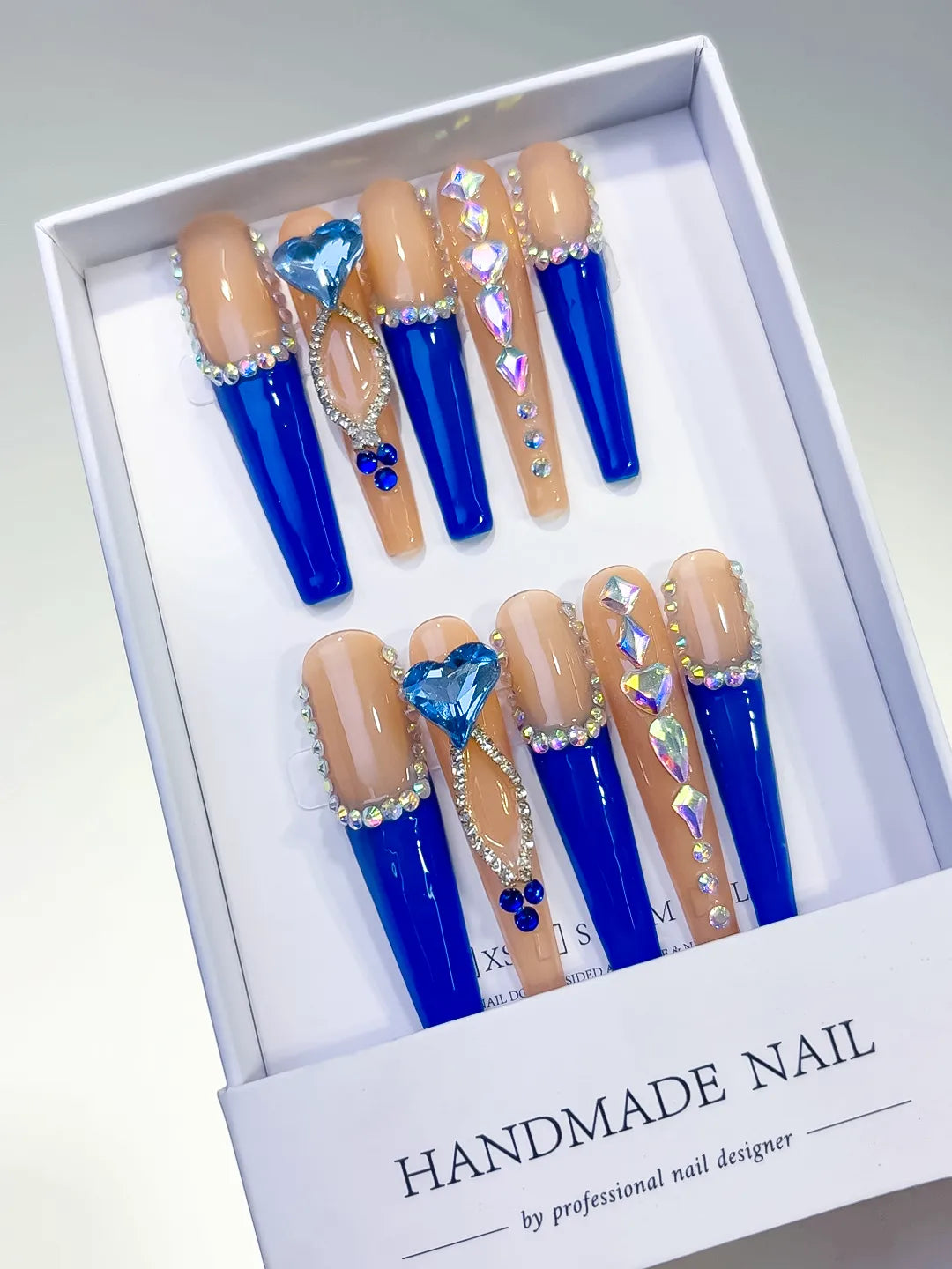 L099 - Long Blue Coffin French tip Rhinestone Heart