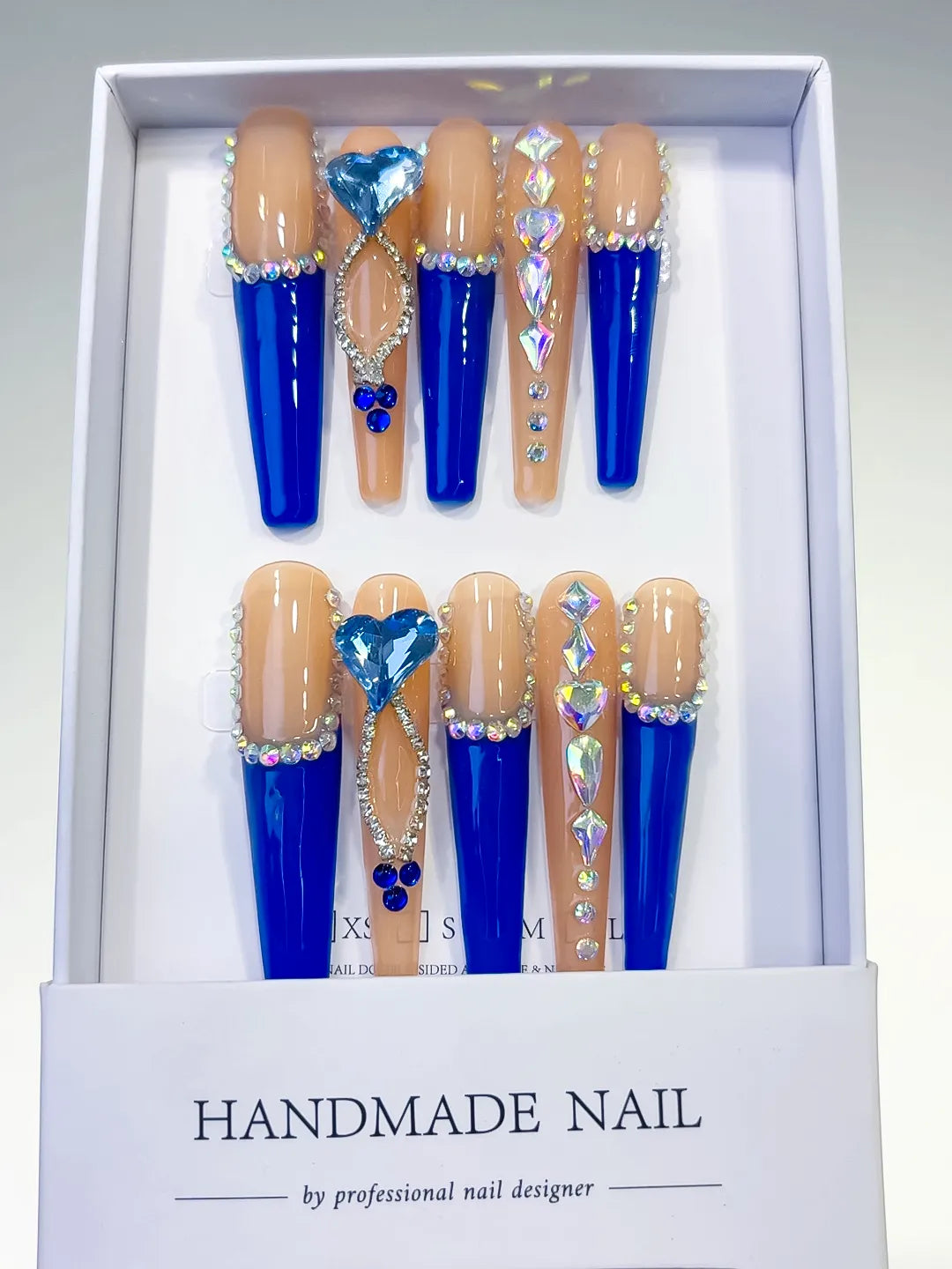 L099 - Long Blue Coffin French tip Rhinestone Heart