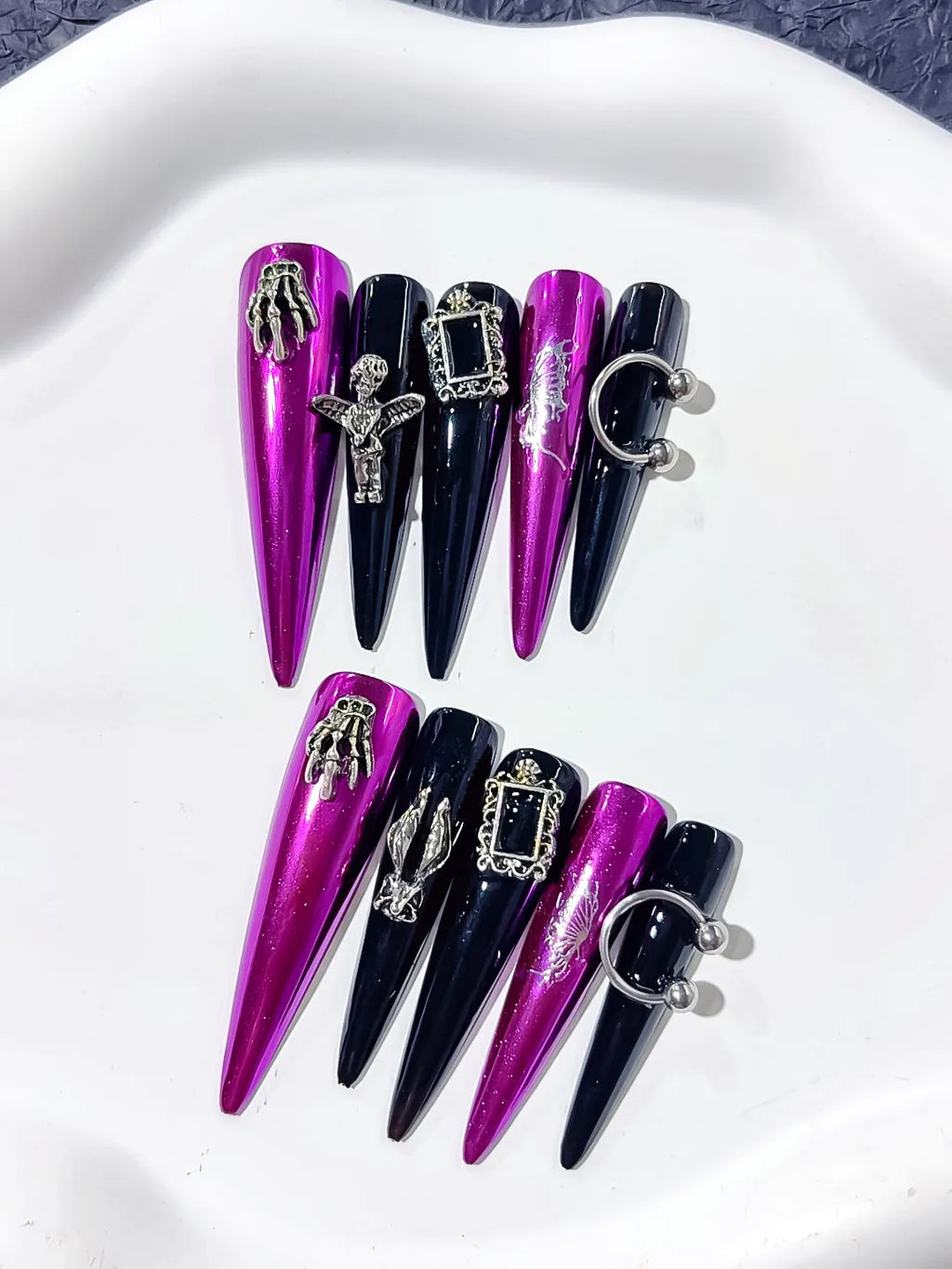 L101 - Long Pink Black Stiletto Metallic Dragonfly Frame Charm