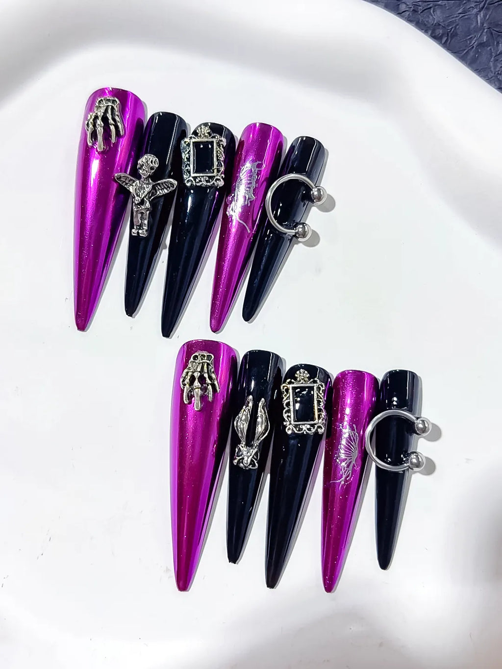 L101 - Long Pink Black Stiletto Metallic Dragonfly Frame Charm