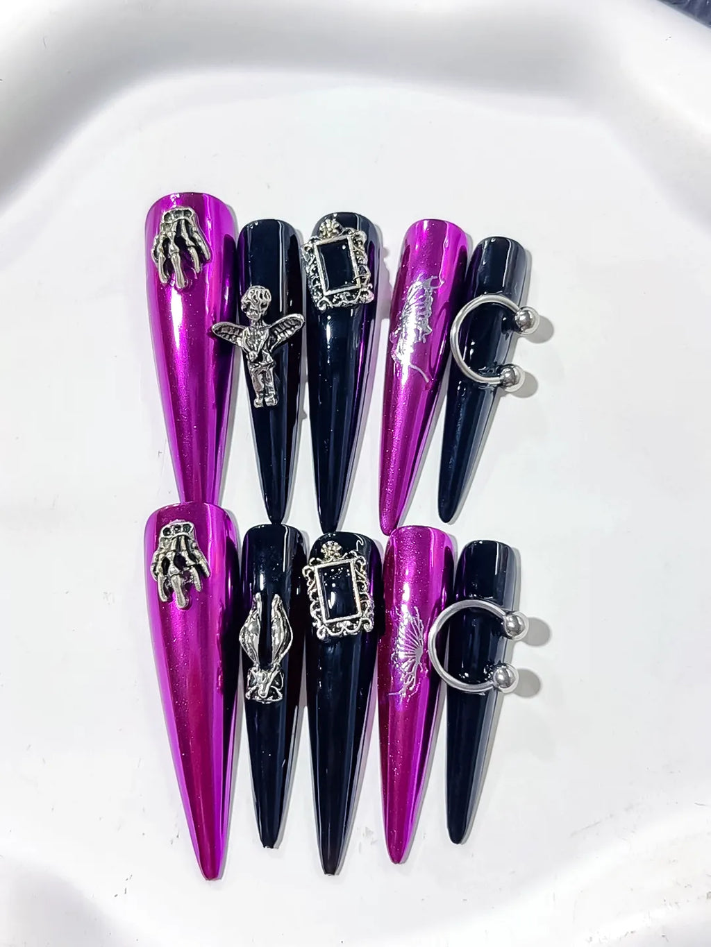 L101 - Long Pink Black Stiletto Metallic Dragonfly Frame Charm